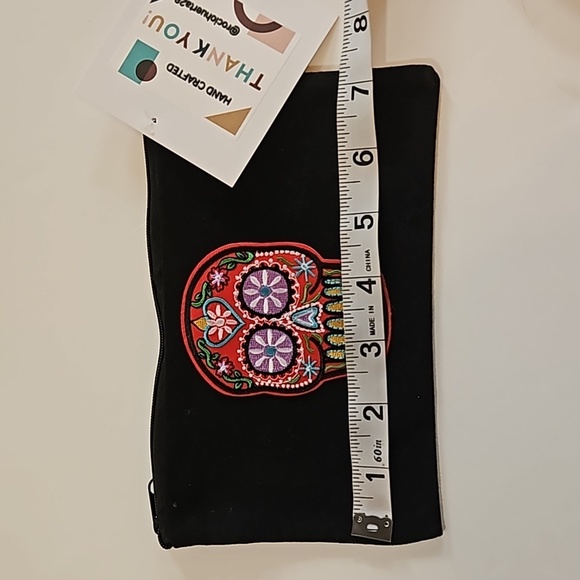 Hand Crafted black canvas pencil case zipper bag embroidery skull & butterfly - Picture 11 of 17